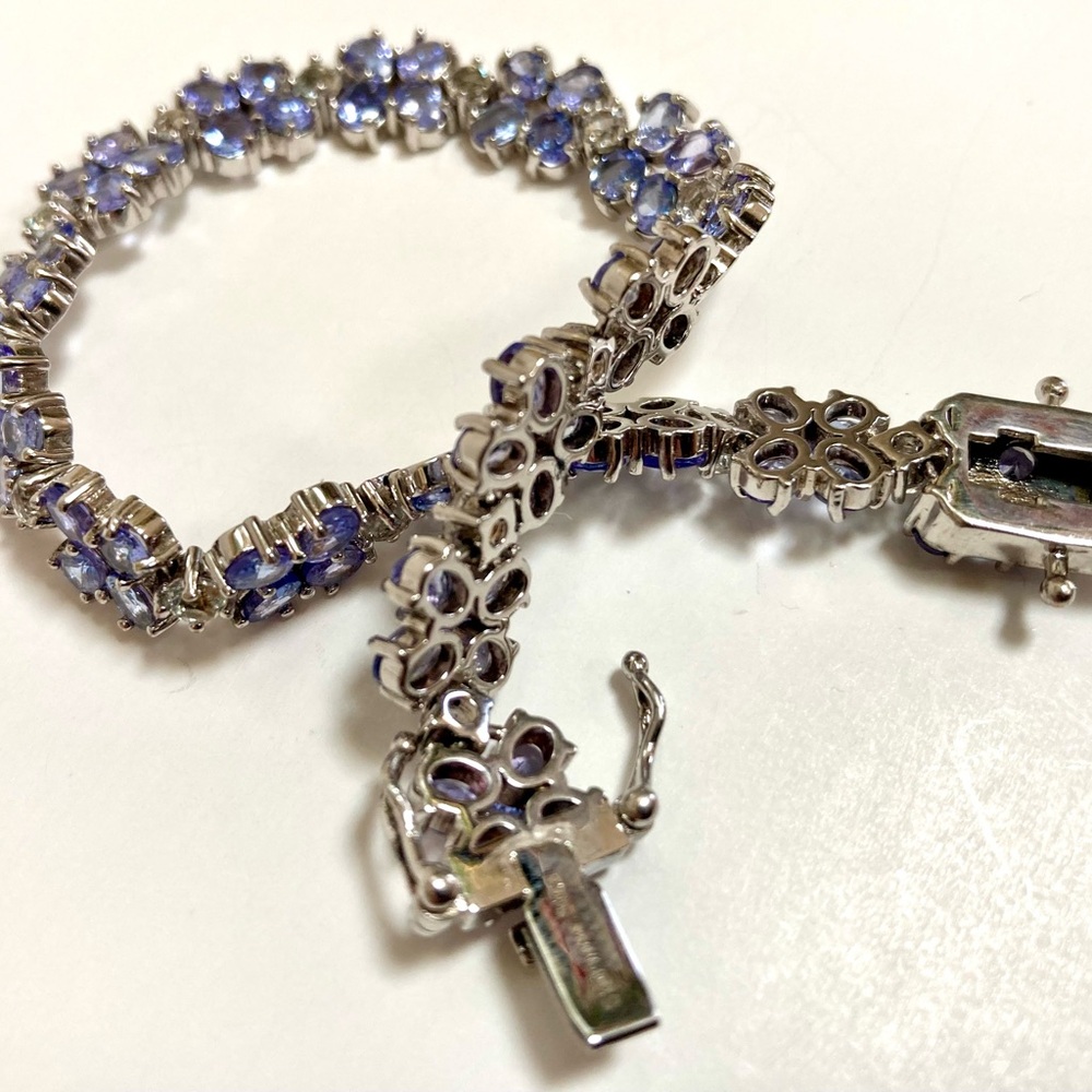 Elegant 925 Sterling Silver Tanzanite & Diamond Chip Floral Bracelet - Picture 5 of 6